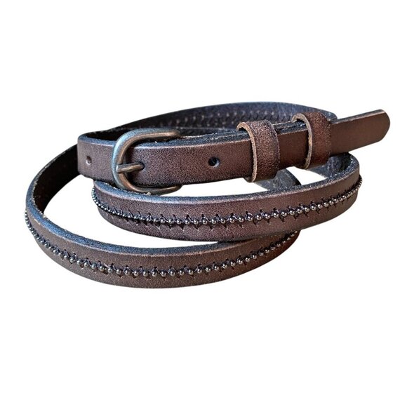 J. Jill - Brown Leather Thin Narrow Beaded Studded Embellished Belt - Size Large - Picture 2 of 5